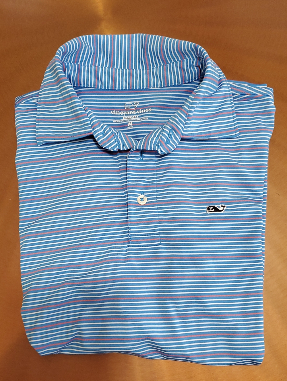 Vineyard Vines Light Blue Striped Polo with Pink and White Accents
